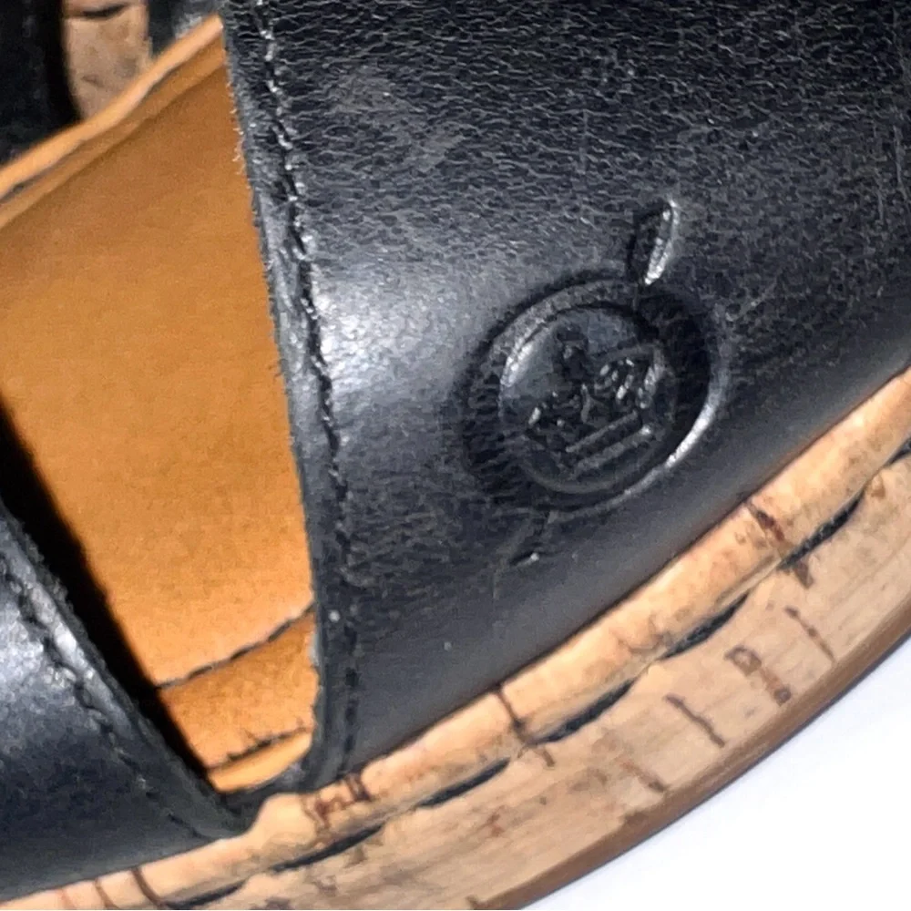 Born Women's‎ Leather Straps Cork Platform Sandal Wedge Black, Size 10